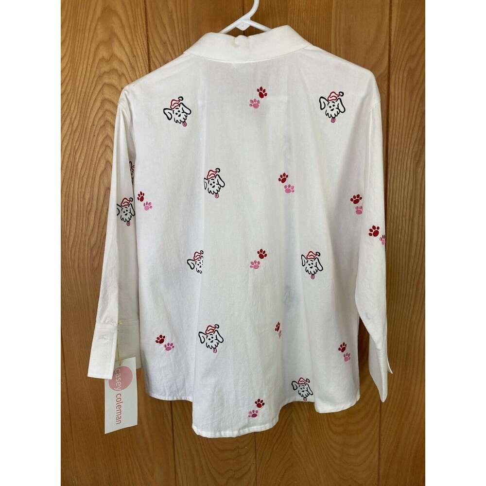Casey Coleman Women's Blouse L Jolly Dogs Christmas Embroidered Whimsy Artsy - Picture 8 of 8